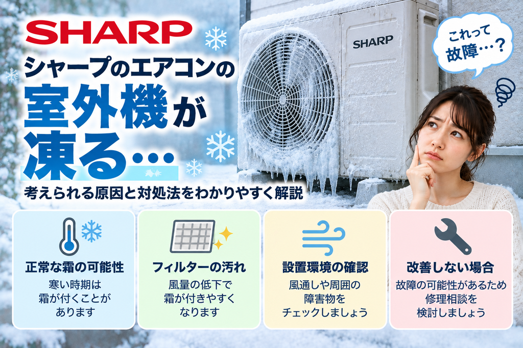 シャープエアコンの室外機が凍る・霜が付くときに、正常な霜の可能性、フィルターの汚れや室外機周辺の風通しを確認し、改善しない場合の修理相談目安を案内する図解