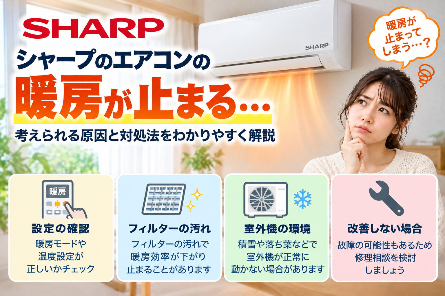 シャープエアコンの暖房が途中で止まるときに、暖房設定、フィルターの汚れ、室外機の積雪や周辺環境を確認し、改善しない場合の修理相談目安を案内する図解