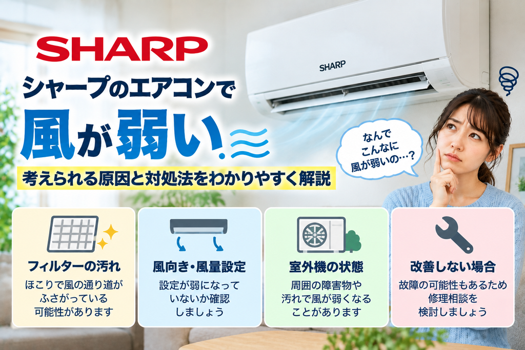 シャープエアコンの風が弱いときに、フィルターの汚れ、風向・風量設定、室外機周辺の障害物や汚れを確認し、改善しない場合の修理相談目安を案内する図解
