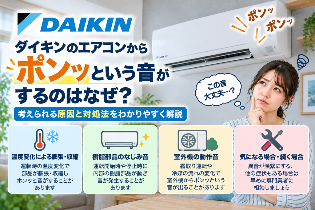 ダイキンエアコンからポン・ポンという音がするときに、温度変化による部品の膨張・収縮、取付状態、フィルターや内部の汚れを確認し、改善しない場合の修理相談目安を案内する図解