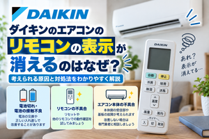 ダイキンエアコンのリモコン表示が消えたときに、電池切れ・接触不良、リモコン本体の不具合、エアコン本体側の受信不良を確認し、改善しない場合の修理相談目安を案内する図解