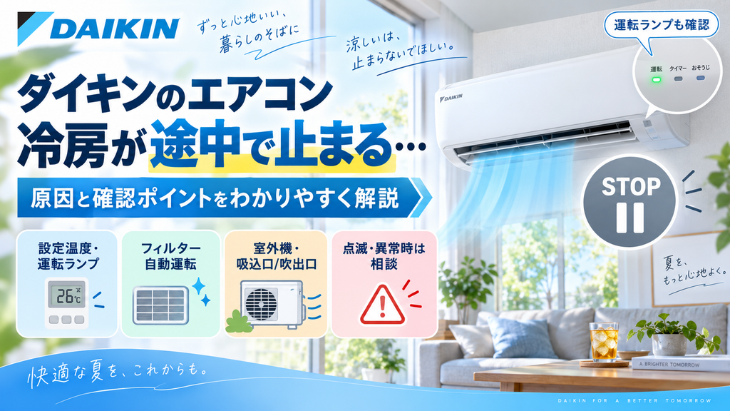 ダイキンエアコンの冷房が途中で止まるときに、設定温度や運転ランプ、フィルター、室外機の吸込口・吹出口を確認し、改善しない場合の修理相談目安を案内する図解