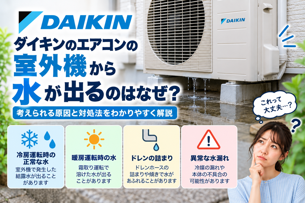 ダイキンエアコンの室外機から水が出るときに、冷房時の結露水や暖房時の霜取り水、ドレンの詰まり、異常な水漏れの可能性を確認し、必要に応じて修理相談する目安を案内する図解