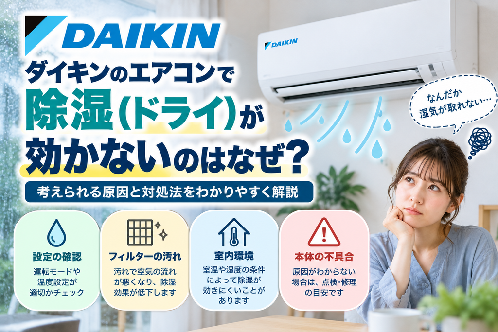 ダイキンエアコンの除湿（ドライ）が効かないときに、運転モードや温度設定、フィルターの汚れ、室温・湿度などの室内環境を確認し、改善しない場合の点検・修理相談目安を案内する図解