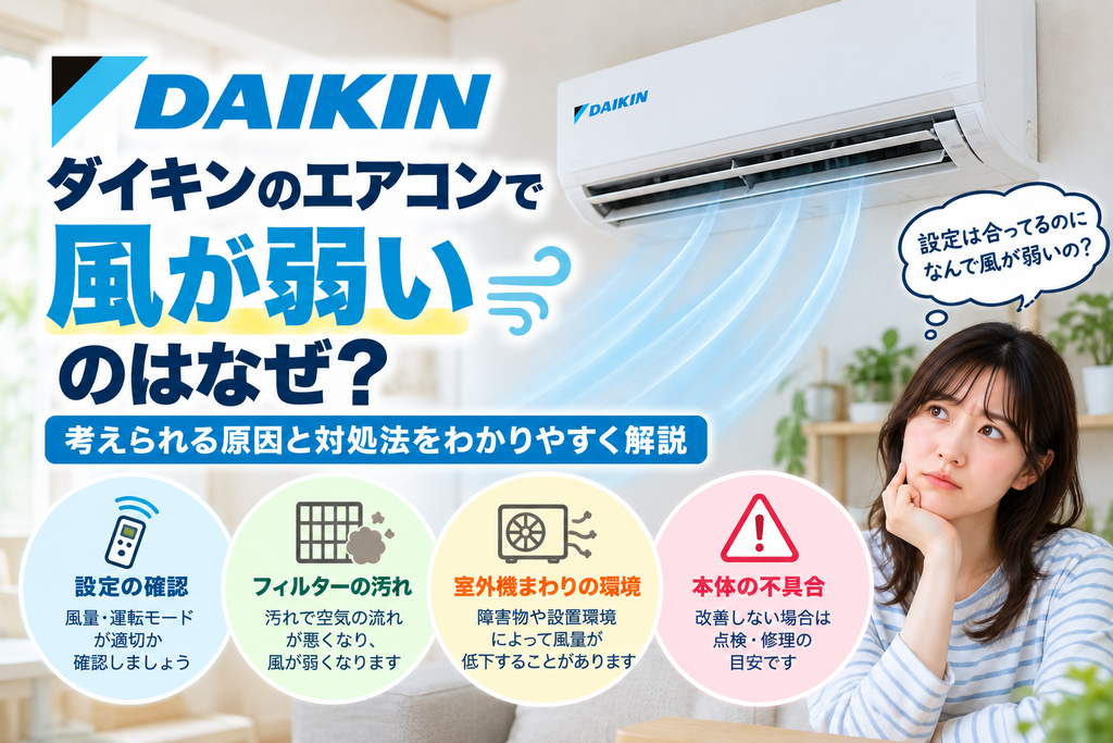 ダイキンエアコンの風が弱いときに、風量・運転モード設定、フィルターの汚れ、室外機周辺の環境を確認し、改善しない場合の点検・修理相談目安を案内する図解