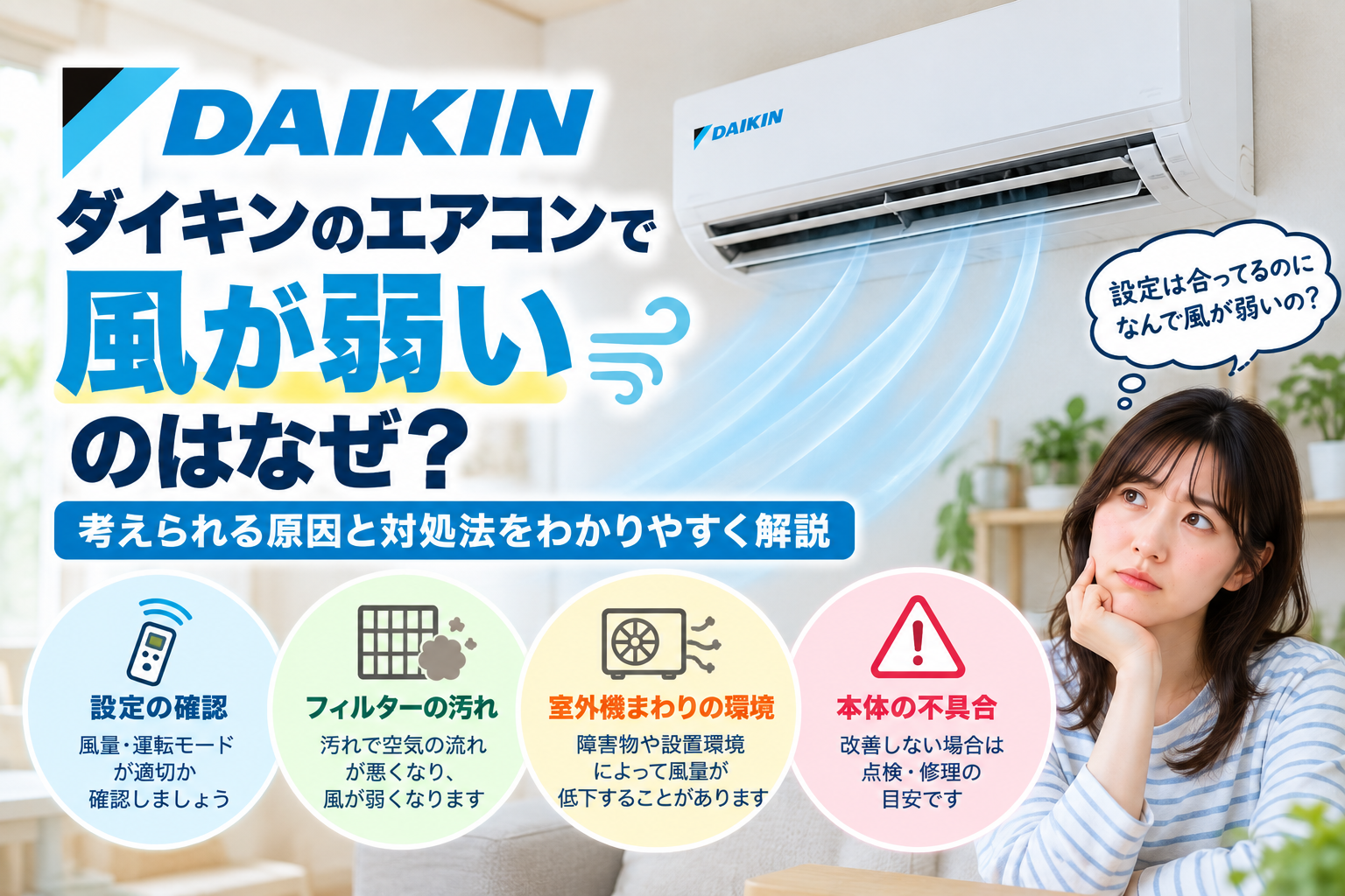 ダイキンエアコンの風が弱いときに、風量・運転モード設定、フィルターの汚れ、室外機周辺の環境を確認し、改善しない場合の点検・修理相談目安を案内する図解