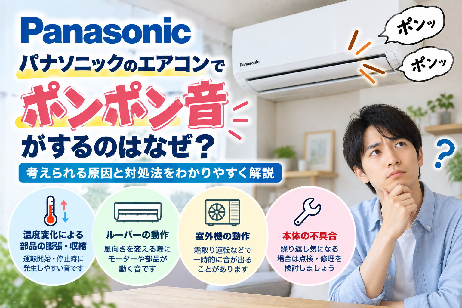 パナソニックエアコンからポンポン音がするときに、温度変化による部品の膨張・収縮、ルーバーや室外機の動作音を確認し、繰り返し音が続く場合の点検・修理相談目安を案内する図解