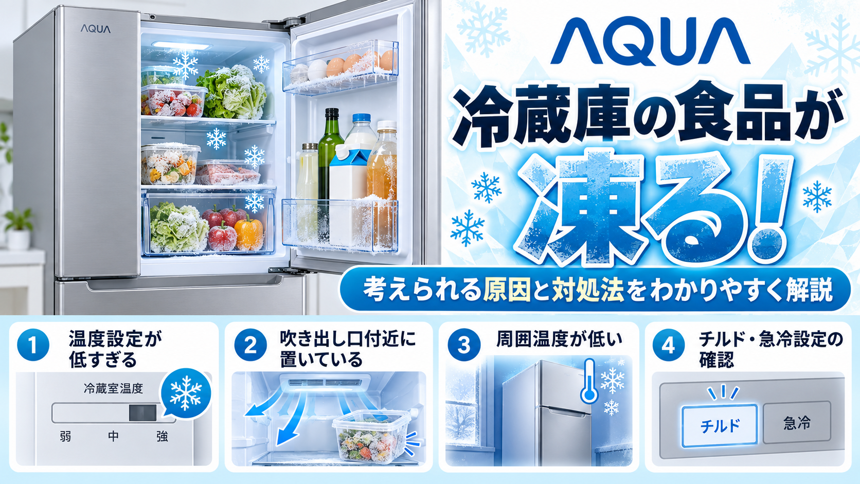 AQUA冷蔵庫で食品が凍るときに、温度設定、冷気の吹き出し口付近への食品配置、周囲温度、チルド・急冷設定を確認し、冷えすぎを改善するポイントを案内する図解