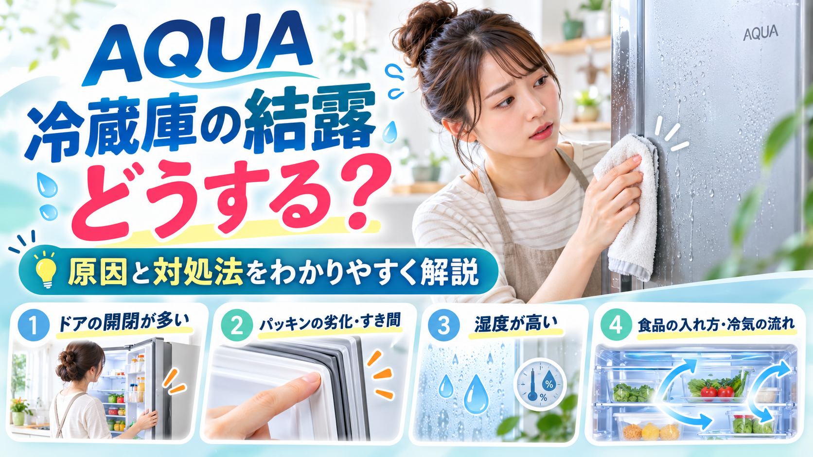 AQUA冷蔵庫に結露が発生するときに、ドアの開閉回数、パッキンの劣化やすき間、周囲の湿度、食品の入れ方や冷気の流れを確認し、結露を減らす対処法を案内する図解