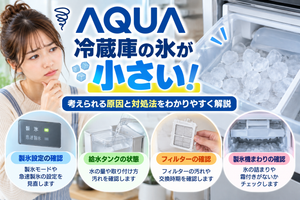 AQUA冷蔵庫で氷が小さくなるときに、製氷設定、給水タンクの水量や取り付け、給水フィルターの汚れ、製氷機周辺の氷詰まりや霜付きを確認するポイントを案内する図解