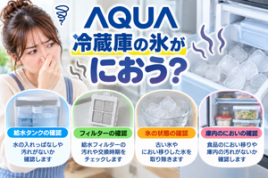 AQUA冷蔵庫の氷がにおうときに、給水タンクの水や汚れ、給水フィルター、古い氷、庫内の食品臭や汚れを確認し、におい移りを防ぐための対処ポイントを案内する図解