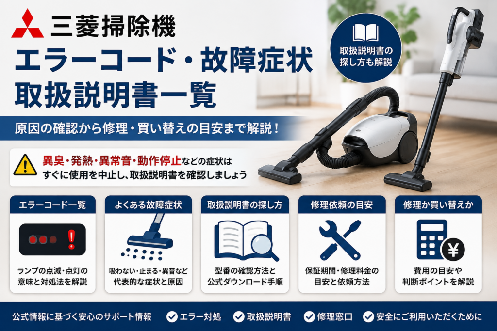 三菱掃除機のエラーコード、故障症状、取扱説明書、修理依頼、買い替えの目安を案内する図解