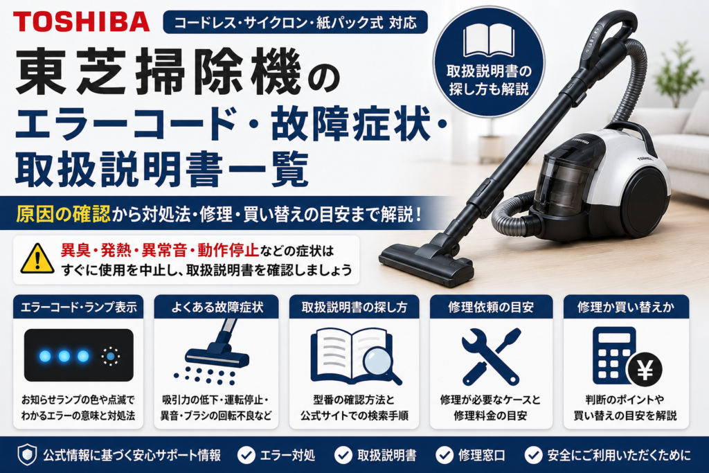 東芝掃除機のエラーコード・ランプ表示、故障症状、取扱説明書、修理依頼、買い替えの目安を案内する図解