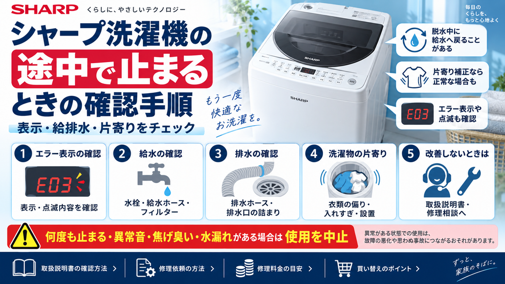 シャープ洗濯機が途中で止まるときの確認手順として、エラー表示、給水・排水、洗濯物の片寄り、修理相談の目安を案内する図解