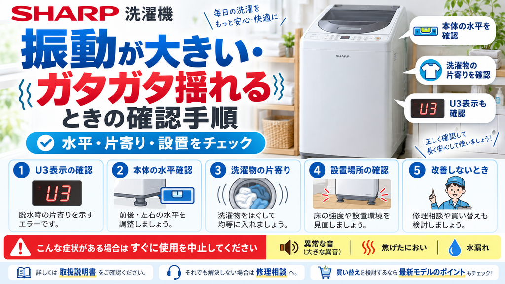 シャープ洗濯機の振動が大きい・ガタガタ揺れるときの確認手順として、本体の水平、洗濯物の片寄り、設置場所、U3表示、異常音・焦げ臭い・水漏れ時の使用中止と修理相談を案内する図解