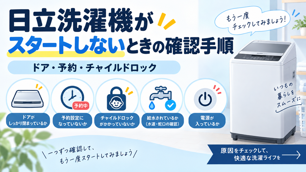 日立洗濯機がスタートしないときの確認手順として、ドアの閉まり、予約設定、チャイルドロック、給水状態、電源を順番に確認するポイントを案内する図解