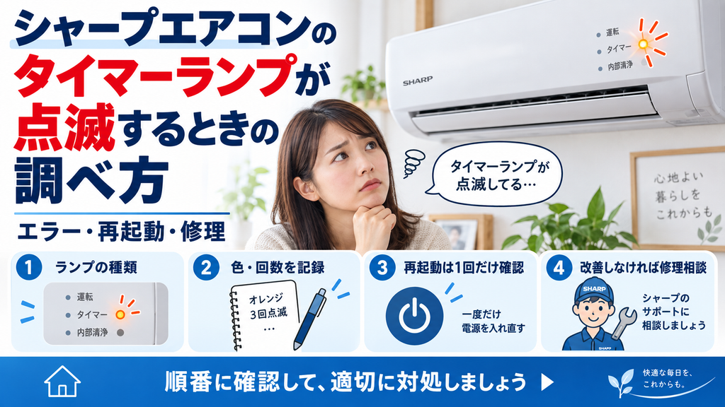 シャープエアコンのタイマーランプが点滅するときに、ランプの種類・色・点滅回数を記録し、フィルターや室外機周辺を確認して、改善しない場合は修理相談する手順を案内する図解