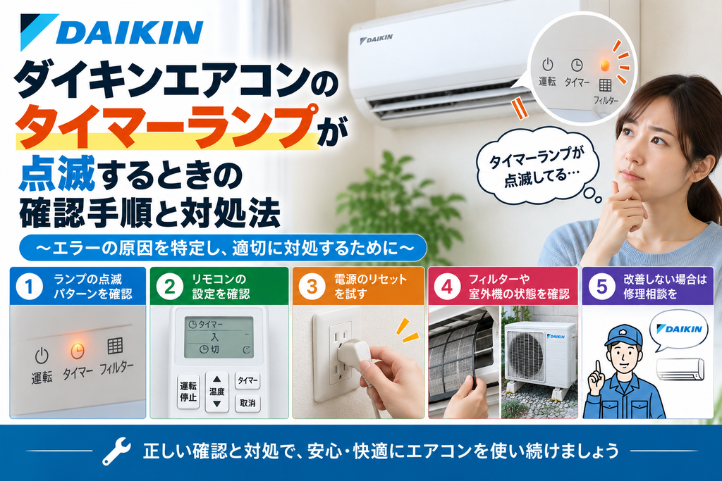 ダイキンエアコンのタイマーランプが点滅するときに、ランプの点滅状態・リモコン設定・電源リセット・フィルターや室外機の状態を確認し、改善しない場合は修理相談する手順を案内する図解
