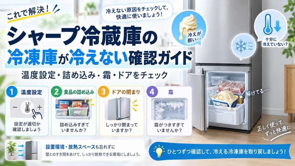 シャープ冷蔵庫の冷凍庫が冷えないときに、温度設定・食品の詰め込み・ドアの閉まり・霜・設置環境を確認するポイントを案内する図解