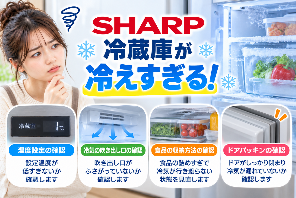 シャープ冷蔵庫が冷えすぎるときに、温度設定、冷気の吹き出し口、食品の収納方法、ドアパッキンを確認し、食品が凍る・冷えすぎる状態を改善するポイントを案内する図解