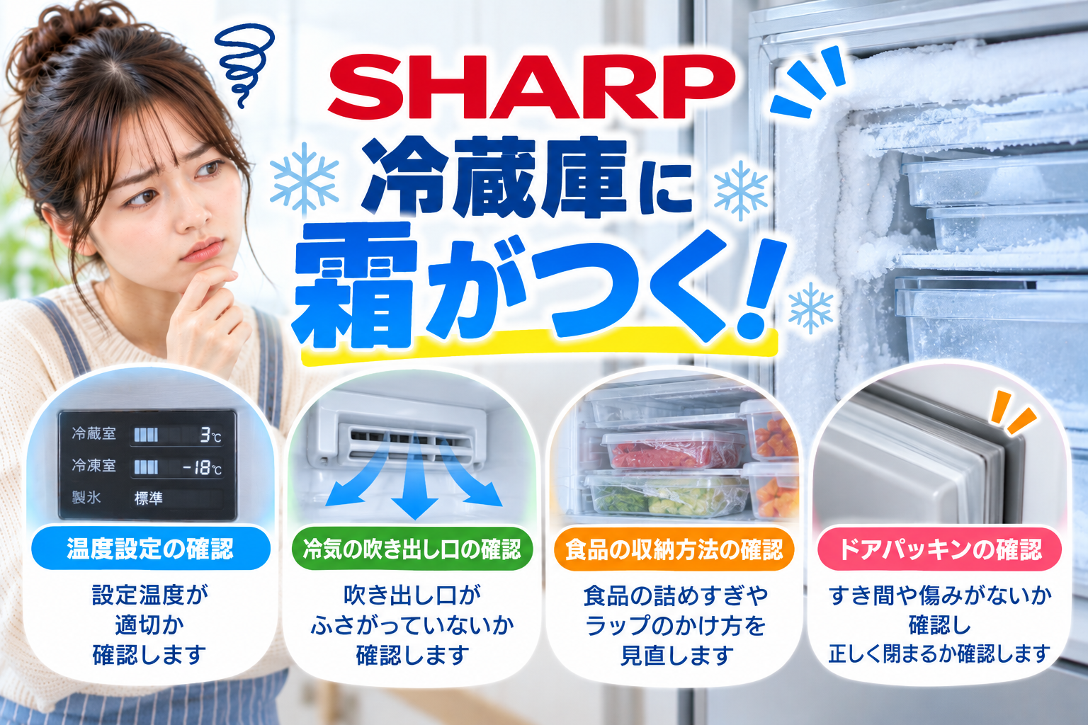 シャープ冷蔵庫に霜が付くときに、温度設定、冷気の吹き出し口、食品の収納方法、ドアパッキンのすき間や傷みを確認し、霜付きを改善するポイントを案内する図解