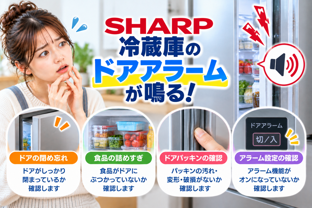 シャープ冷蔵庫のドアアラームが鳴るときに、ドアの閉め忘れ、食品の詰めすぎ、ドアパッキンの汚れ・変形・破損、アラーム設定を確認するポイントを案内する図解
