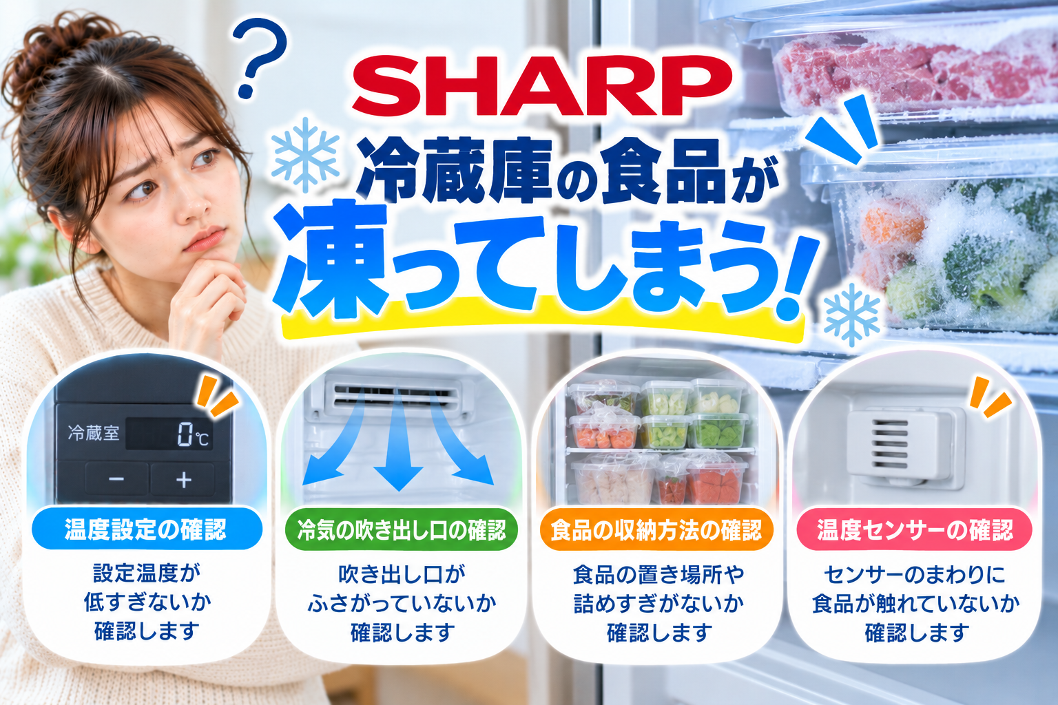 シャープ冷蔵庫で食品が凍ってしまうときに、温度設定、冷気の吹き出し口、食品の置き場所や詰めすぎ、温度センサー周辺を確認し、冷えすぎを改善するポイントを案内する図解