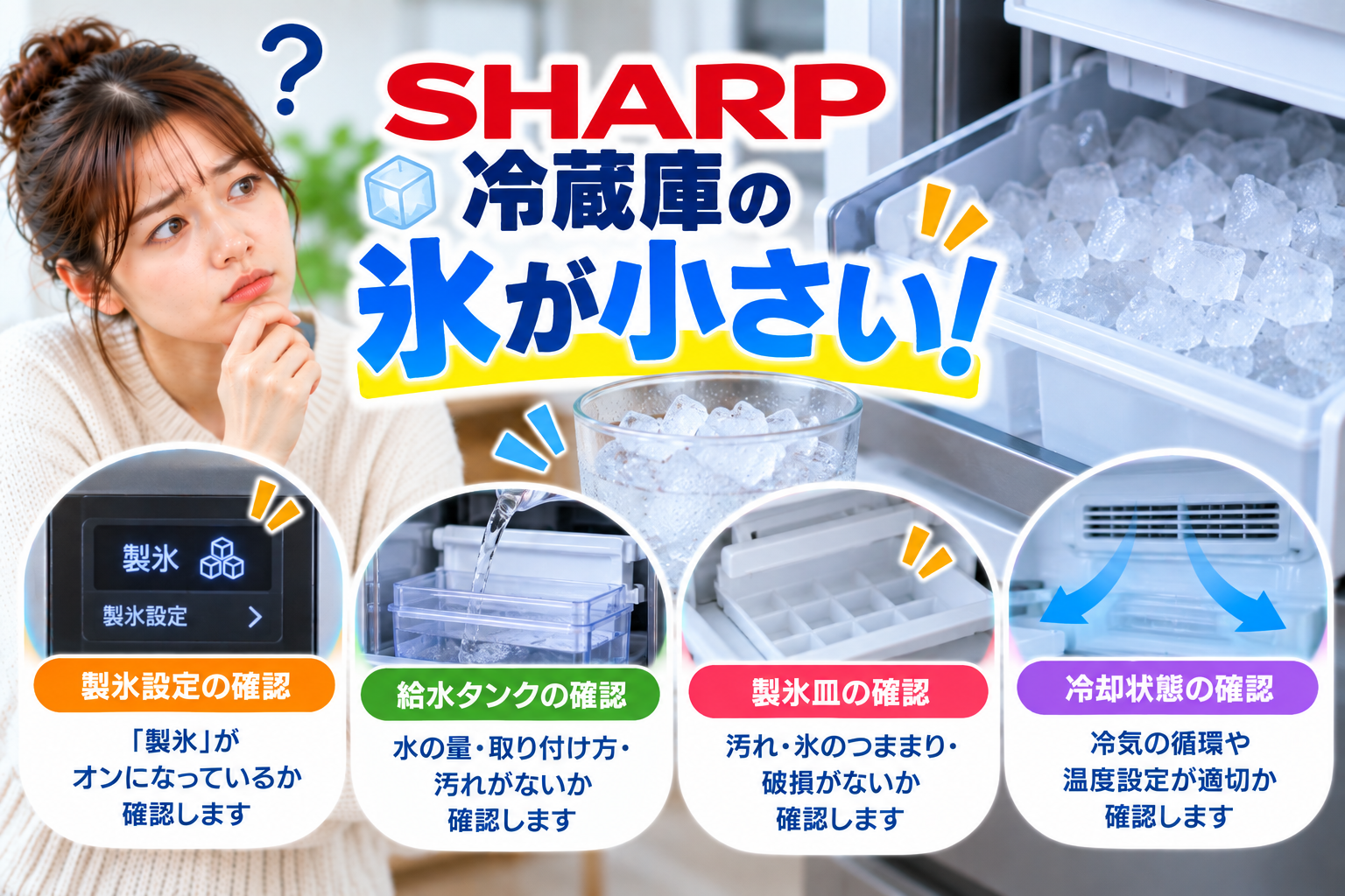 シャープ冷蔵庫で氷が小さい・薄いときに、製氷設定、給水タンクの水量や取り付け、製氷皿の状態、冷凍室の冷え具合を確認し、改善しない場合の点検・修理相談目安を案内する図解