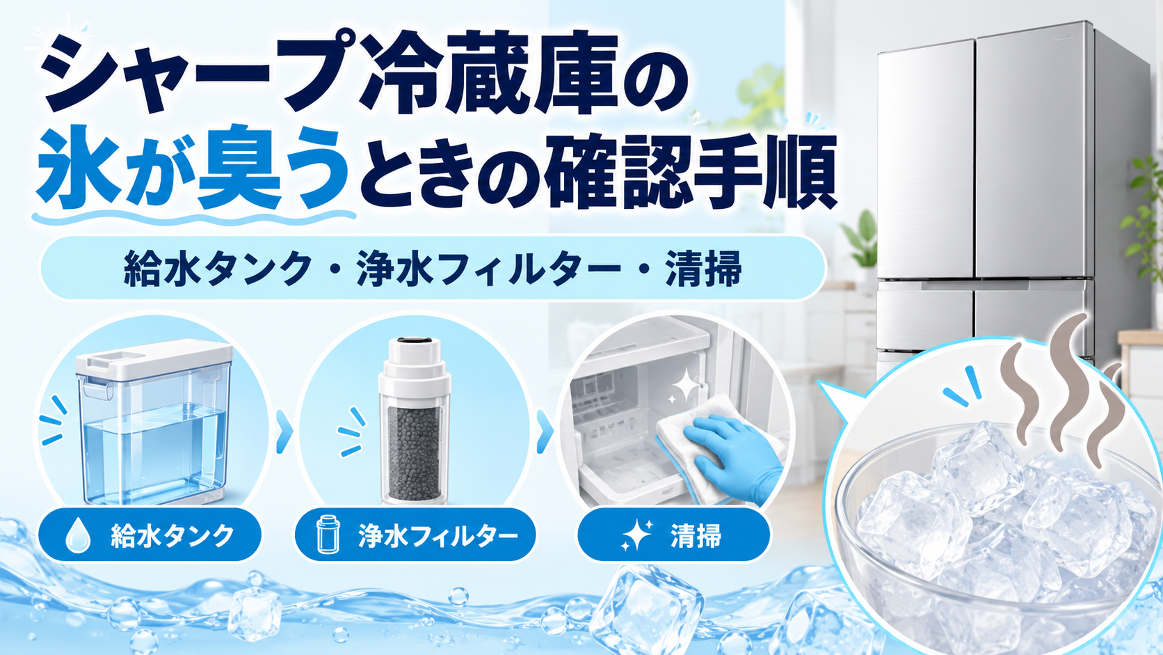 シャープ冷蔵庫の氷が臭うときに、給水タンクの水交換、浄水フィルターの確認、製氷部分の清掃を行う手順を示した図解