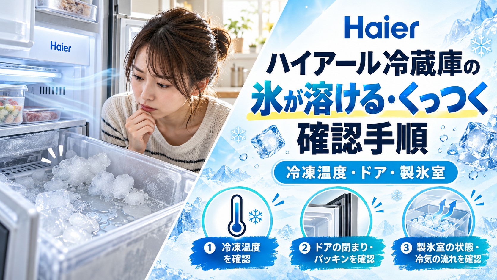 ハイアール冷蔵庫の氷が溶ける・くっつくときに、冷凍室の温度設定、ドアの閉まり、製氷室の冷気の流れを確認する手順を示した図解