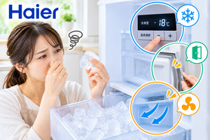 ハイアール冷蔵庫の氷が臭うときに、冷凍室の温度設定、ドアパッキン、冷気の流れを確認する様子を示した図解