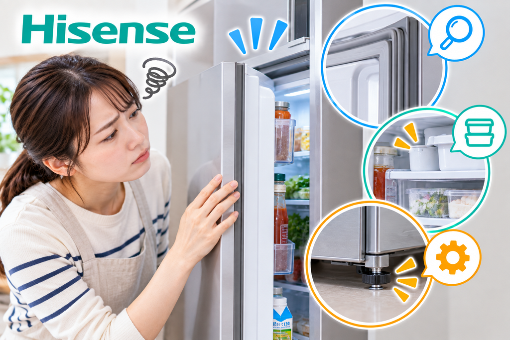 ハイセンス冷蔵庫のドアが閉まらないときに、ドアパッキン、食品や容器の挟まり、冷蔵庫の設置状態や調整脚を確認する手順を示した図解