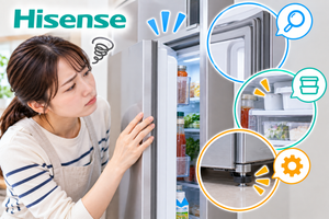 ハイセンス冷蔵庫のドアが閉まらないときに、ドアパッキン、食品や容器の挟まり、冷蔵庫の設置状態や調整脚を確認する手順を示した図解