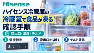 ハイセンス冷蔵庫の冷蔵室で食品が凍るときに、温度設定、冷気の吹き出し口、食品の置き場所、チルド室の使い分けを確認する手順を示した図解
