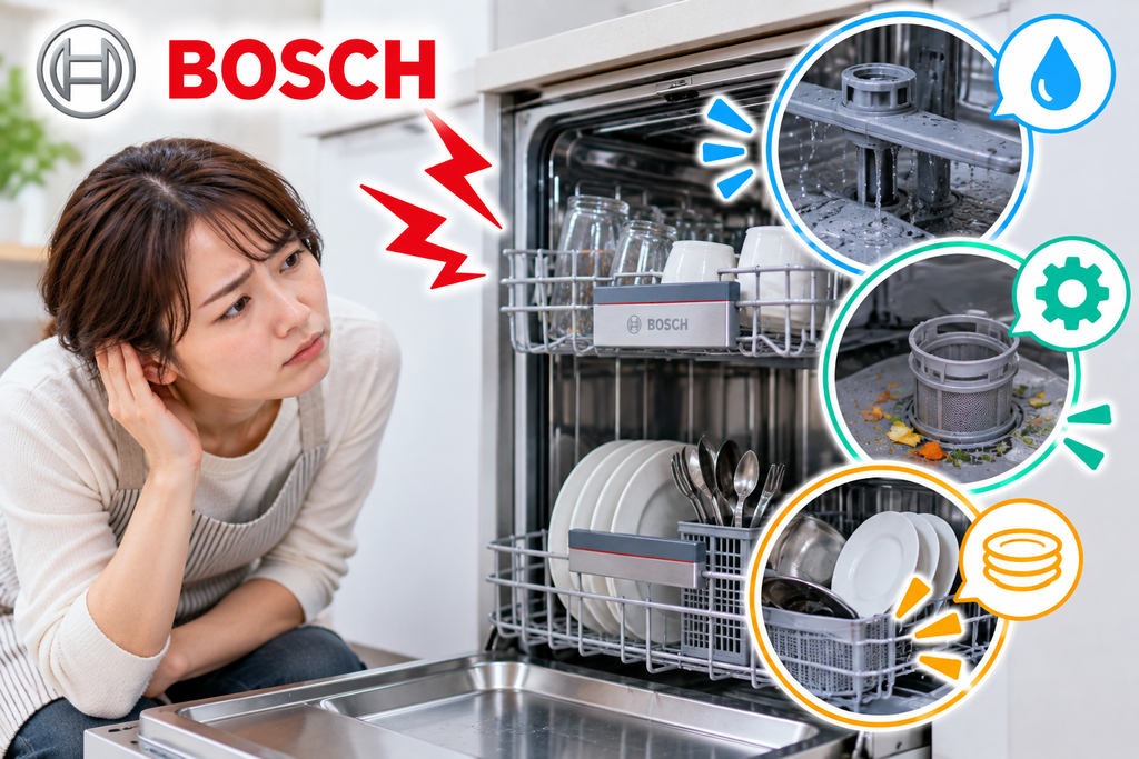 Bosch食洗機から異音がするときに、スプレーアーム、フィルターの汚れ、食器や調理器具の接触状態を確認する手順を示した図解