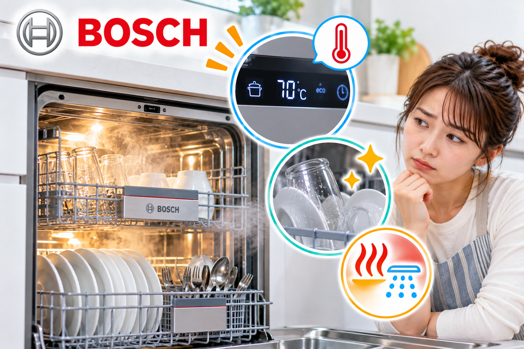 Bosch食洗機でお湯にならない・水温が上がらないときに、運転コース、加熱状態、洗浄後の食器や庫内の温度を確認する手順を示した図解