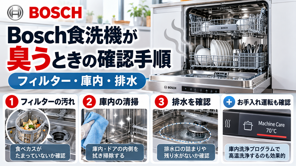 Bosch食洗機が臭うときに、フィルターの汚れ、庫内の清掃、排水口の詰まりや残り水、お手入れ運転を確認する手順を示した図解