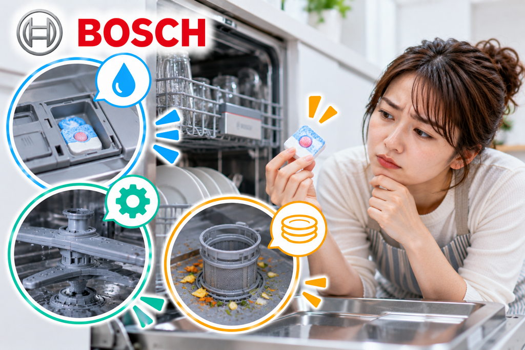Bosch食洗機で洗剤が溶け残るときに、洗剤ケース、スプレーアーム、フィルターの汚れや詰まりを確認する手順を示した図解