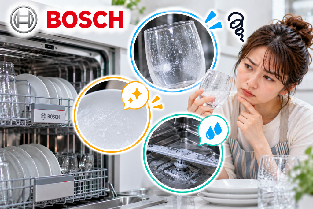 Bosch食洗機でグラスや食器に白い汚れ・白い跡が残るときに、洗浄後の食器表面、庫内の水垢、スプレーアームや洗浄状態を確認する手順を示した図解