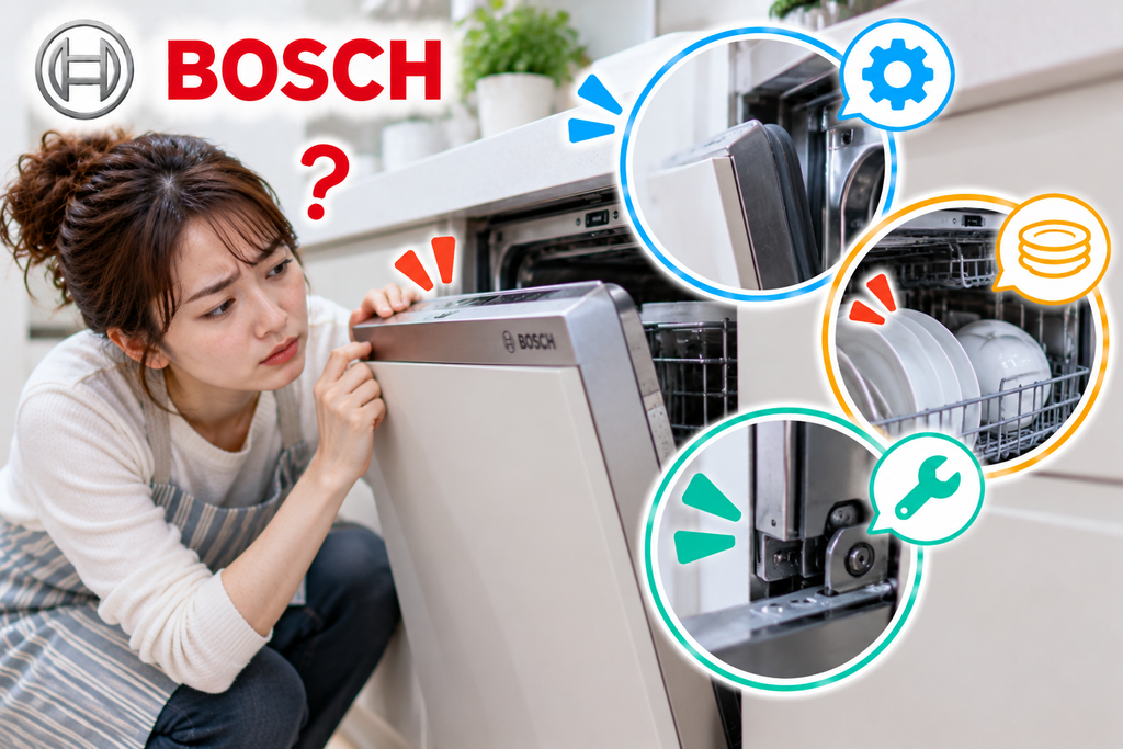 Bosch食洗機のドアが閉まらないときに、ドアパッキン、食器やラックの干渉、ヒンジやロック部分を確認する手順を示した図解