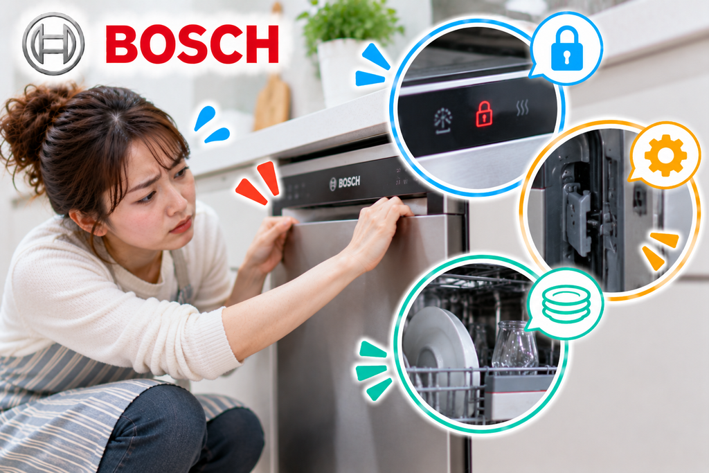 Bosch食洗機のドアが開かないときに、ロック表示、ドアラッチやヒンジ、食器やラックの干渉を確認する手順を示した図解