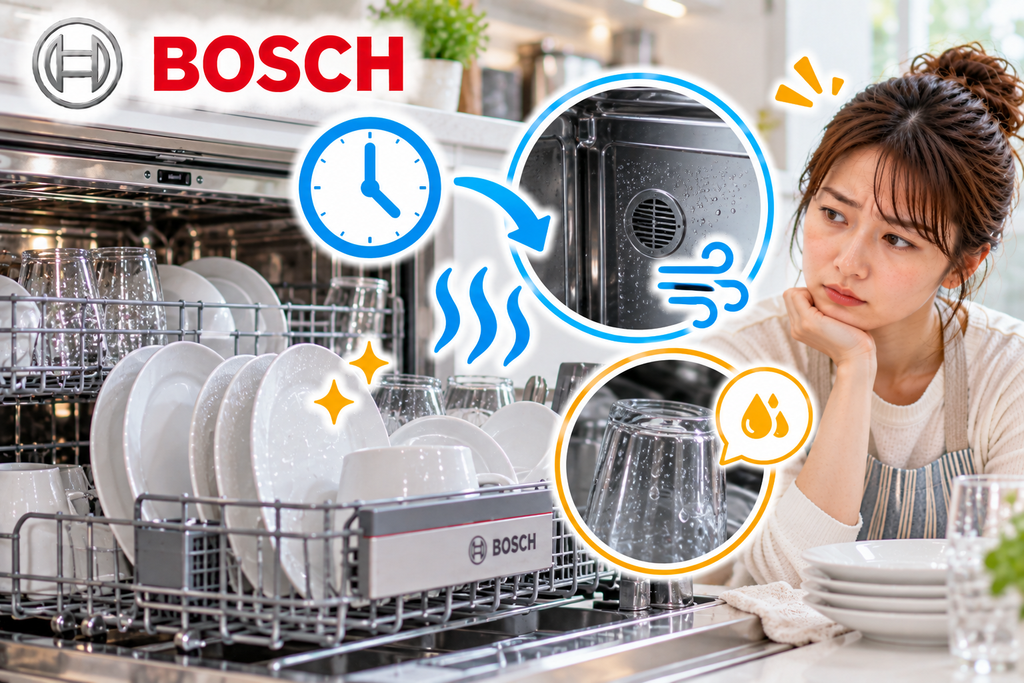 Bosch食洗機の乾燥時間が長いときに、運転時間、庫内の乾燥状態、食器やグラスに残る水滴を確認する様子を示した図解