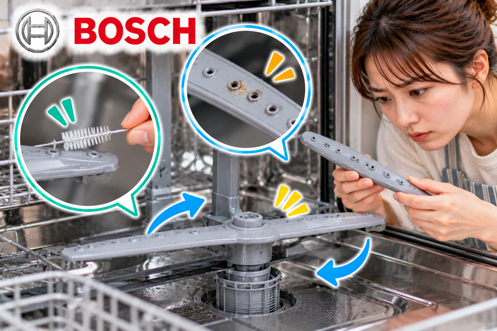 Bosch食洗機のスプレーアームが正常に回らない・詰まるときに、噴射穴の汚れや異物、回転状態を確認して清掃する手順を示した図解