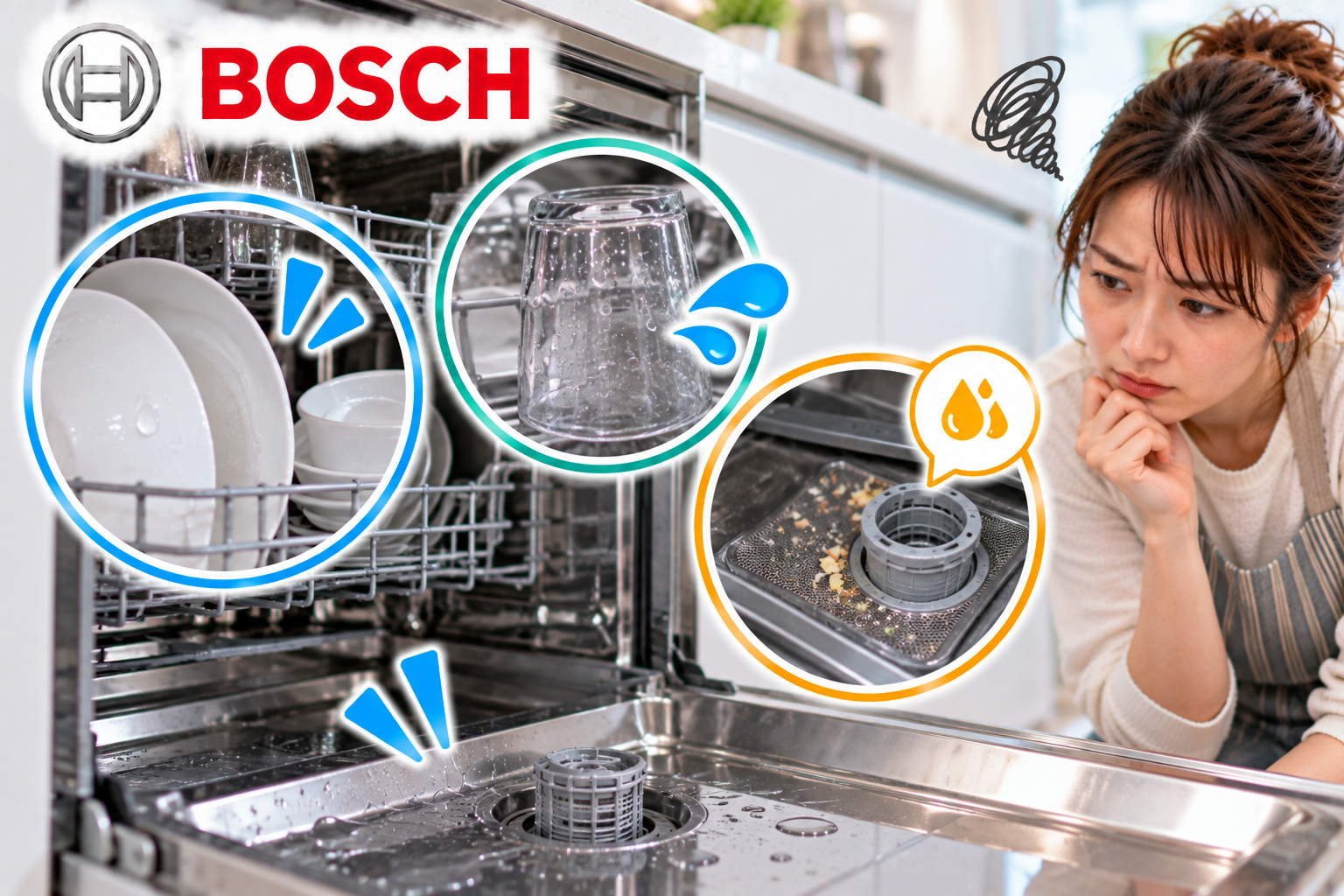 Bosch食洗機の庫内に水が残るときに、排水口やフィルターの汚れ、庫内の残水、ドア周辺の状態を確認する手順を示した図解