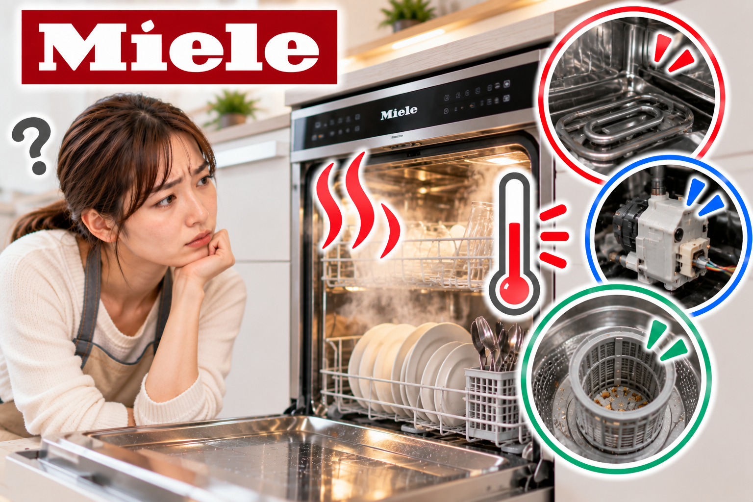 Miele食洗機で給湯されない・水温が上がらないときに、加熱部、循環ポンプ、フィルター周辺を確認する手順を示した図解