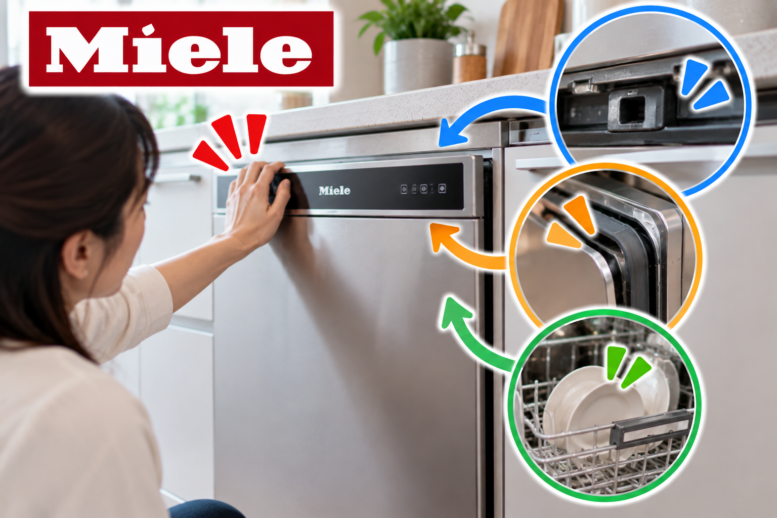 Miele食洗機のドアが開かないときに、ドアラッチ、ドアパッキン、食器やラックの干渉を確認する手順を示した図解