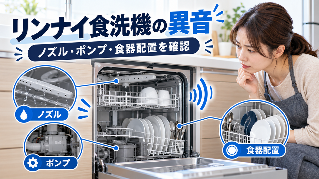 リンナイ食洗機の異音について、回転ノズル・ポンプ・食器配置を確認するポイントを示したアイキャッチ画像