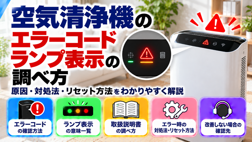 空気清浄機のエラーコード・ランプ表示の意味と調べ方を解説。警告ランプの確認方法、取扱説明書の探し方、エラー発生時の対処法・リセット方法、改善しない場合の確認先をまとめたトラブル解決ガイドのアイキャッチ画像