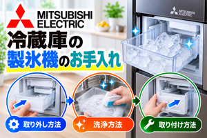 三菱冷蔵庫の製氷機について、製氷ケースの取り外し、洗浄、取り付け方法を示したアイキャッチ画像
