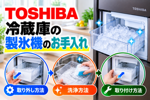 東芝冷蔵庫の製氷機について、製氷ケースの取り外し、洗浄、取り付け方法を示したアイキャッチ画像